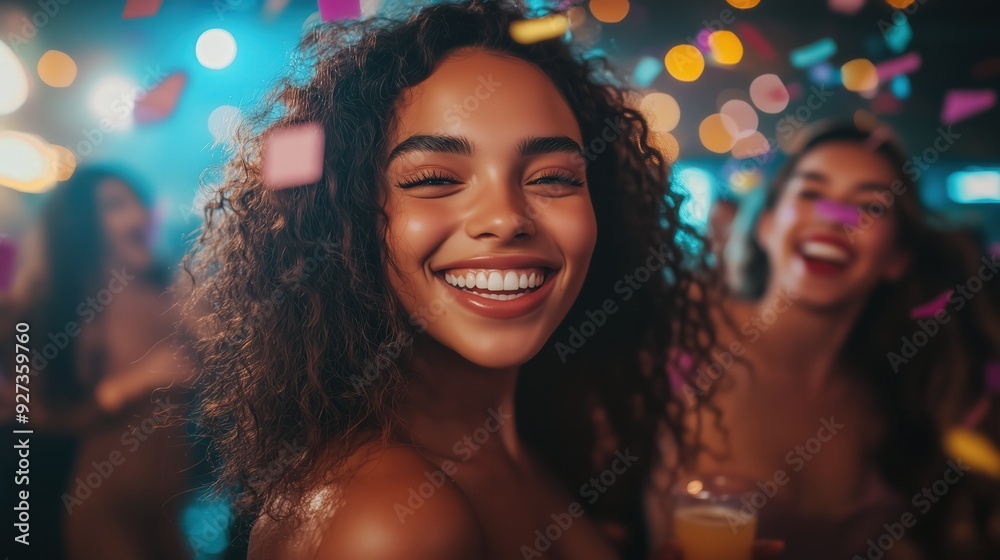 group of young women having fun at a night club party, with confetti flying around group of young women having fun at a night club party, with confetti flying around