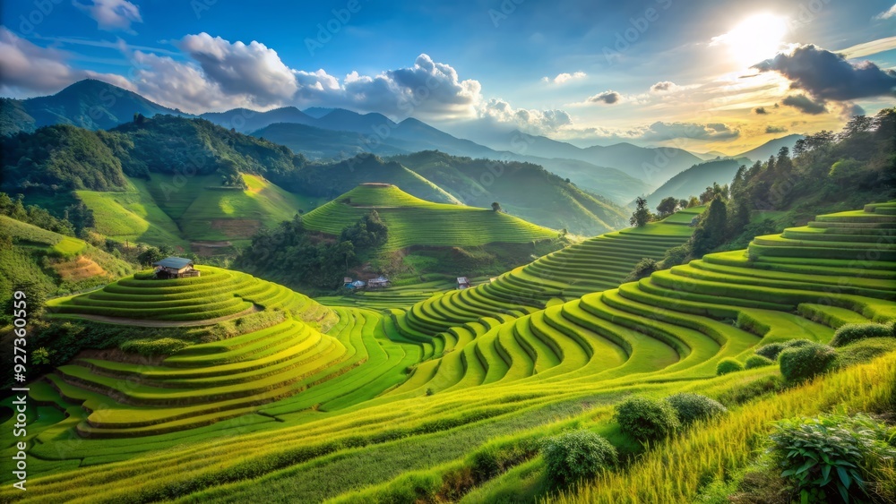 Vibrant green terraced fields stretch across the rolling hills, showcasing the beauty of agricultural landscapes on a sunny day with a clear blue sky. Vibrant green terraced fields stretch across the rolling hills, showcasing the beauty of agricultural landscapes on a sunny day with a clear blue sky.