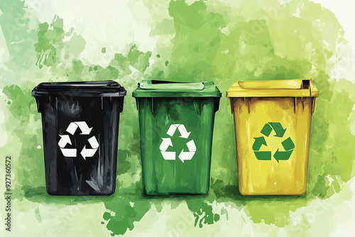 illustration of three differentiated recycling bins