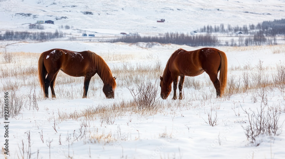 Two Brown Horses Grazing in Snowy Field Two Brown Horses Grazing in Snowy Field