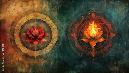 Two circles with sacred geometry in the middle, a lotus flower symbol