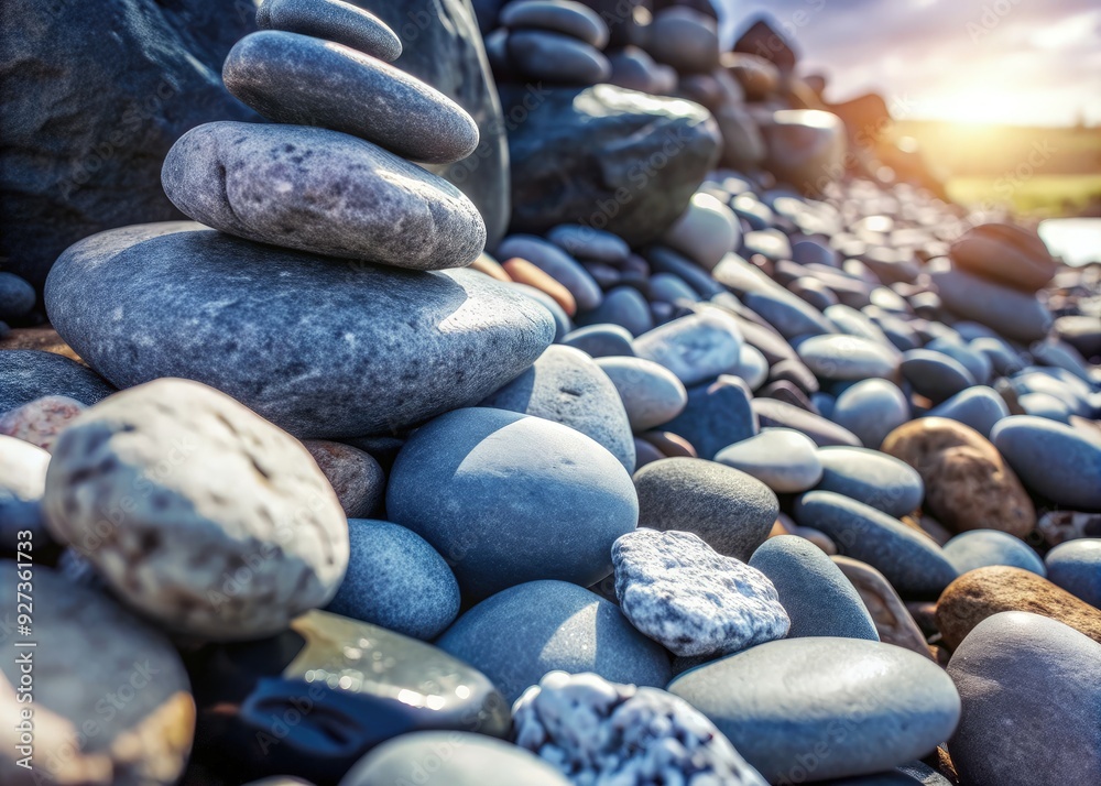 Zen stones stacked on smooth pebbles at sunset by the riverbank. Generative AI Zen stones stacked on smooth pebbles at sunset by the riverbank. Generative AI