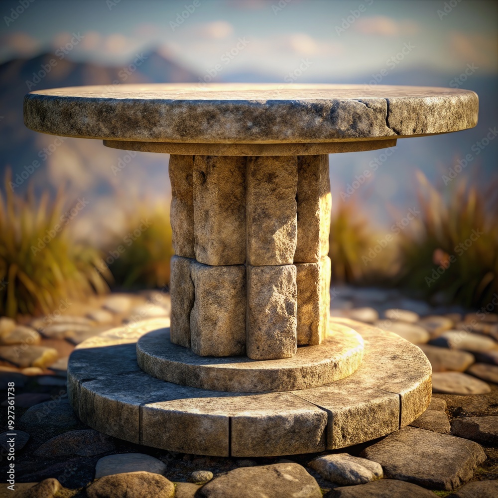 Realistic stone stand on a rocky surface with mountains in the background. Generative AI Realistic stone stand on a rocky surface with mountains in the background. Generative AI