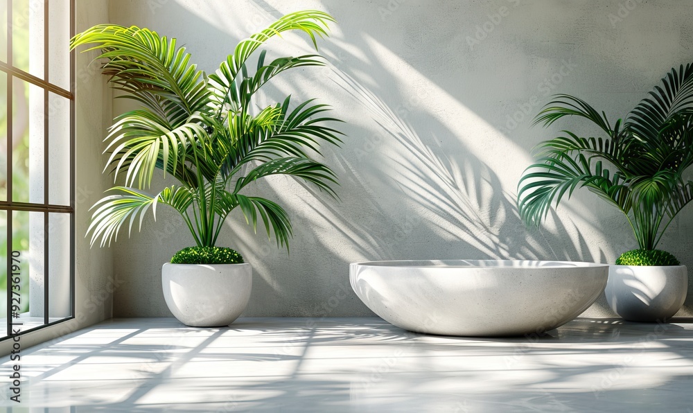 A minimal white counter podium bathed in soft dappled sunlight, with tropical palm leaf shadows on the wall, perfect for beauty product displays. A minimal white counter podium bathed in soft dappled sunlight, with tropical palm leaf shadows on the wall, perfect for beauty product displays.