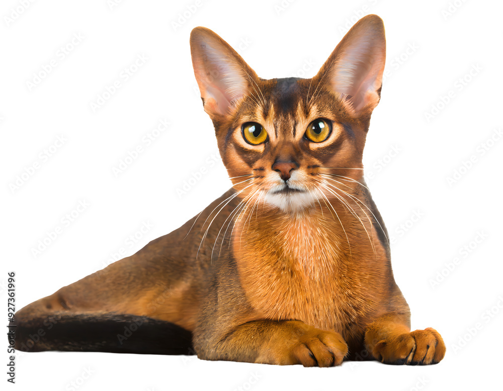 beautiful relaxed abyssinian cat breed on a isolated on white backgroun. Generative AI. beautiful relaxed abyssinian cat breed on a isolated on white backgroun. Generative AI.
