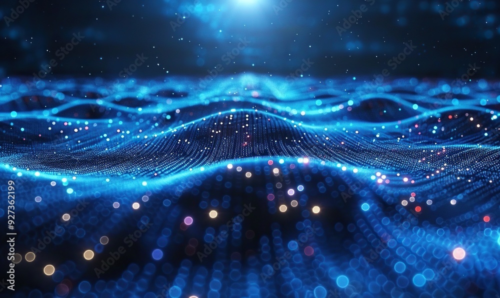 An abstract blue grid perspective design with high-tech lighting, representing future technology and connectivity.