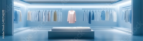 Modern boutique with elegant clothing on display, featuring a prominently hung pink dress in a sleek, minimalist setting with blue lighting.