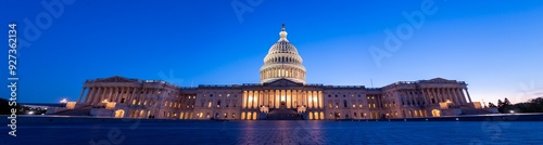 Wide Angle Panorama of the US Capitol at Night with all Lights on and clear skies