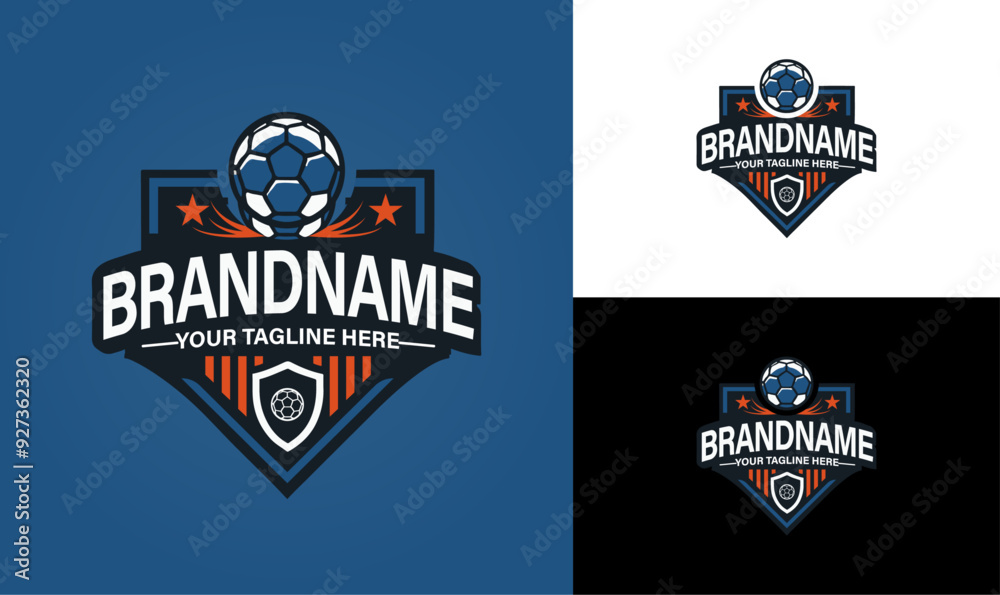 Football Team Badge Logo Design Template with Stripes and Soccer Ball Football Team Badge Logo Design Template with Stripes and Soccer Ball