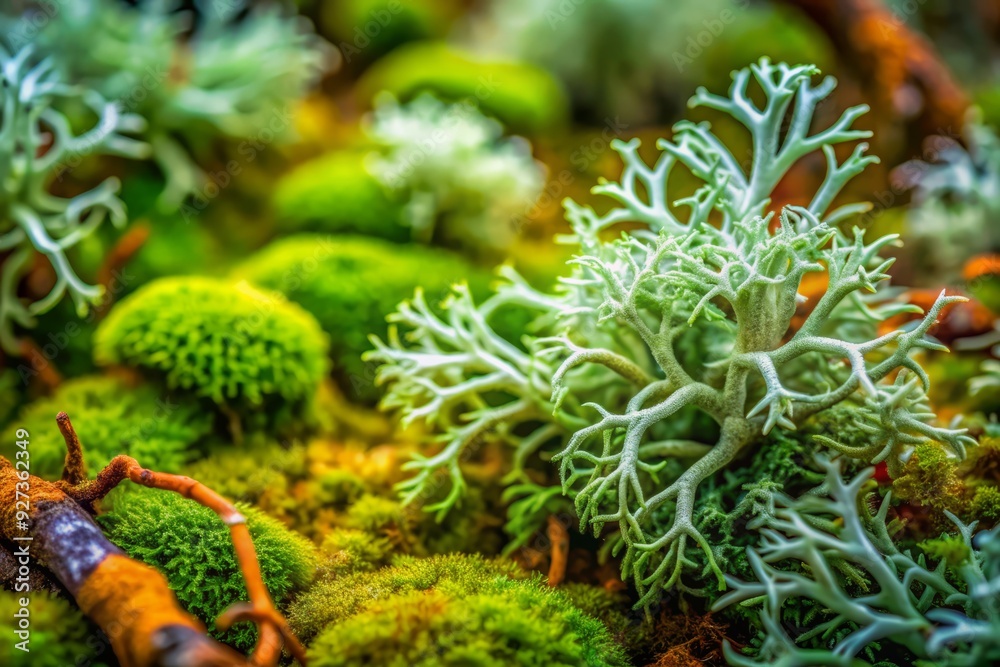 Vibrant green moss and wispy reindeer lichen intertwine in a mesmerizing macro shot, showcasing intricate textures and subtle shades of a primordial forest floor. Vibrant green moss and wispy reindeer lichen intertwine in a mesmerizing macro shot, showcasing intricate textures and subtle shades of a primordial forest floor.