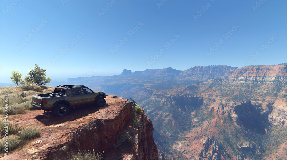 A car parked on the edge of a canyon, with the vast expanse of the rocky landscape below and a clear blue sky above.
A car parked on the edge of a canyon, with the vast expanse of the rocky landscape below and a clear blue sky above.