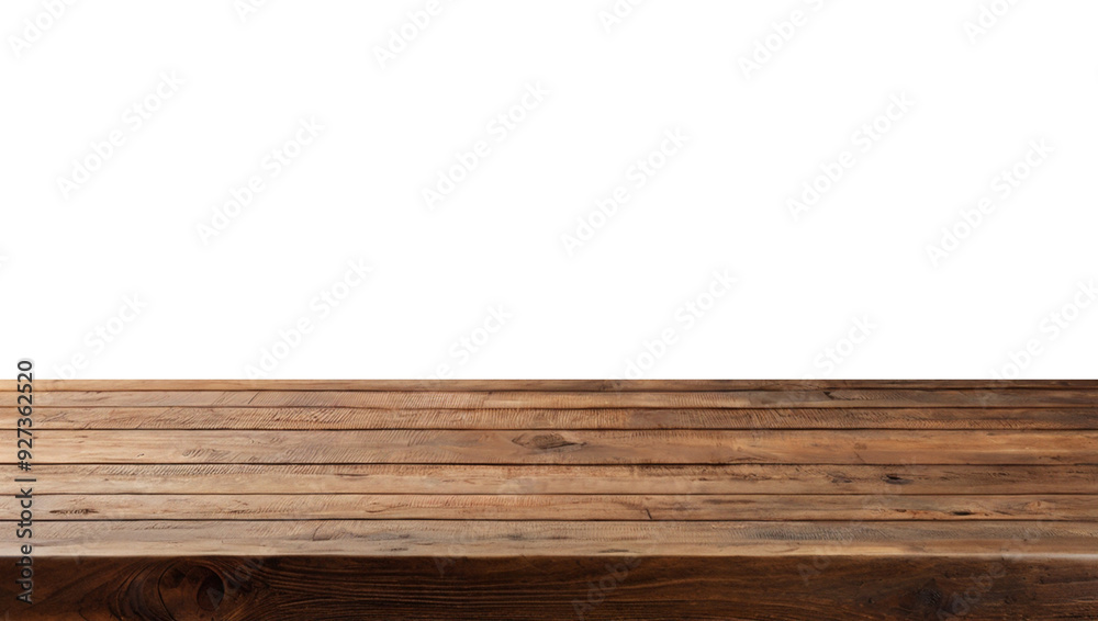 Empty wooden table top in warm brown tones, perfect for showcasing products or creating a rustic display,transparent background png file.
