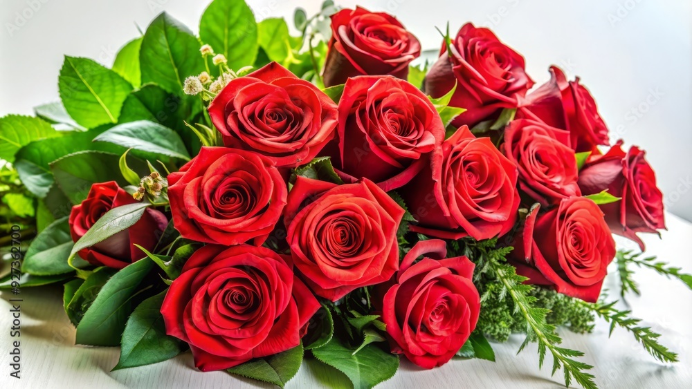 Vibrant long-stemmed red roses bursting with lush greenery, delicately arranged in a stunning bouquet, exuding elegance, love, and sophistication against a soft white background. Vibrant long-stemmed red roses bursting with lush greenery, delicately arranged in a stunning bouquet, exuding elegance, love, and sophistication against a soft white background.