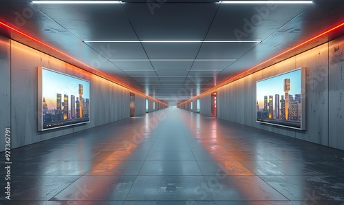 A modern designer wall features an empty white mock-up billboard in an empty underground interior  ideal for creative displays.