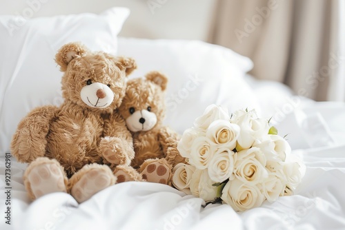 Two teddy bears sit on a bed next to a bouquet of white roses, creating a cozy atmosphere.