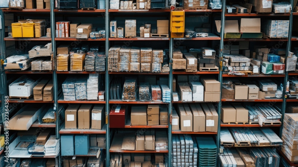 Organized warehouse shelves filled with goods in boxes, captured from above, leaving room for text. Organized warehouse shelves filled with goods in boxes, captured from above, leaving room for text.