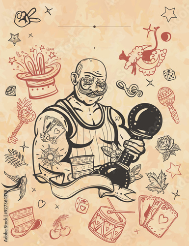 Circus. Strong man with dumbbells. Cover page template. Vertical background. Old paper vector