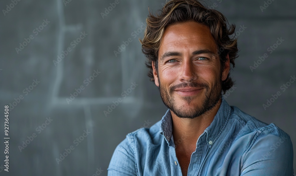 Obraz premium A smiling businessman in a blue shirt is isolated against a gray background, presenting a professional and approachable image.
