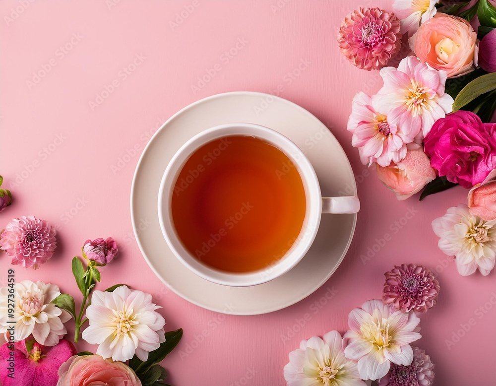 Cup of tea with fresh flowers on pink background. Top view. Copy space. Cup of tea with fresh flowers on pink background. Top view. Copy space.