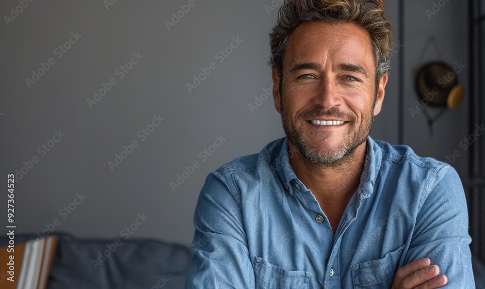 Fototapeta premium A smiling businessman in a blue shirt is isolated against a gray background, presenting a professional and approachable image.