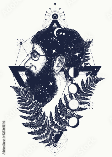 Scientist tattoo. Symbol of dreamer, creator, philosopher. Double exposure style art, portrait of hippie fashionable man. Sacred geometry t-shirt design