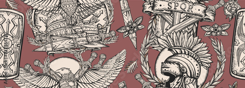 Ancient Rome seamless pattern. Roman eagle, spartan helmet, sword, shield and Colosseum. History of Italy. Retro background