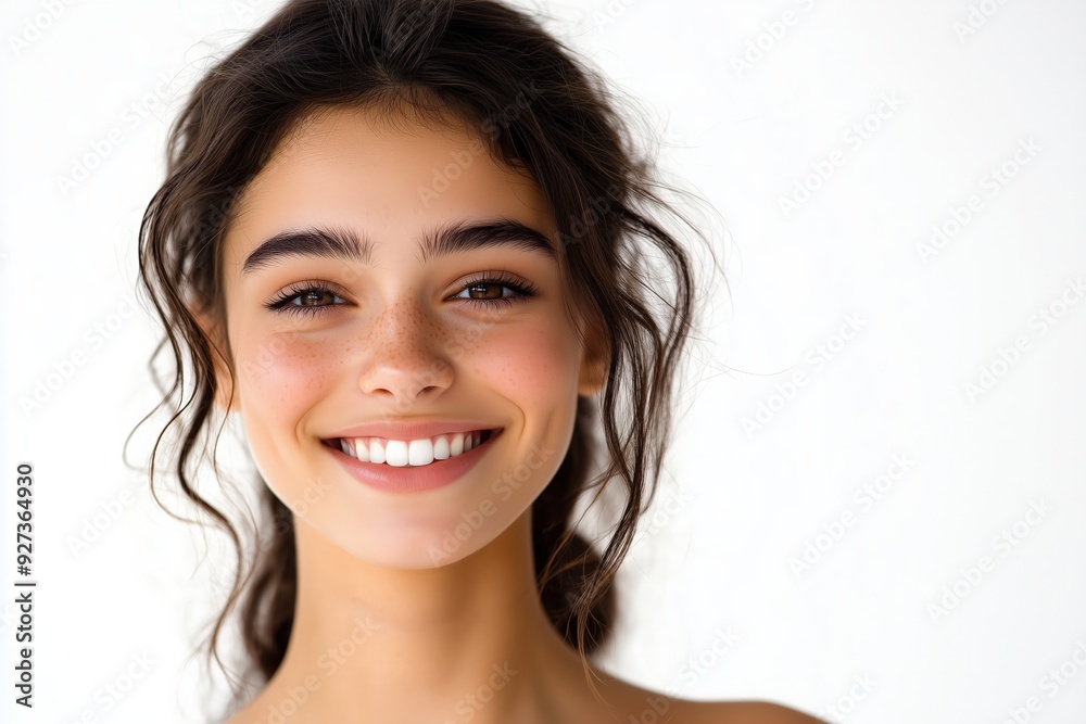 Portrait of a beautiful woman with a happy smile, perfect, clean skin on a white background Portrait of a beautiful woman with a happy smile, perfect, clean skin on a white background