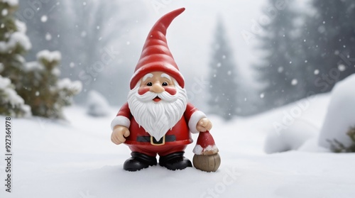 Santa Claus Christmas garden Gnome standing in the snow, cute gnome in the winter snow for Christmas celebration, good background for digital christmas card