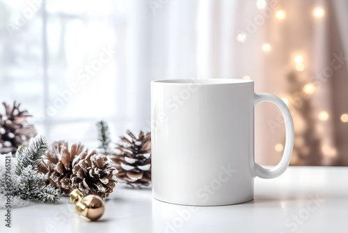 Blank white mug, on a white desk with Christmas elements, mockup with copy space