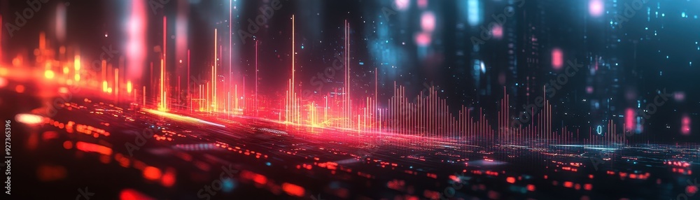 Futuristic Digital Data Visualization with Glowing Red and Blue Light Effects in a Cybernetic Landscape Futuristic Digital Data Visualization with Glowing Red and Blue Light Effects in a Cybernetic Landscape