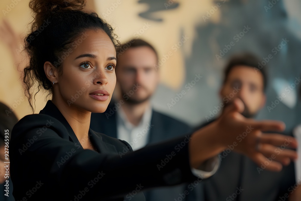 woman gesturing reaching out, diverse group of people in collaborative setting. In the foreground,
