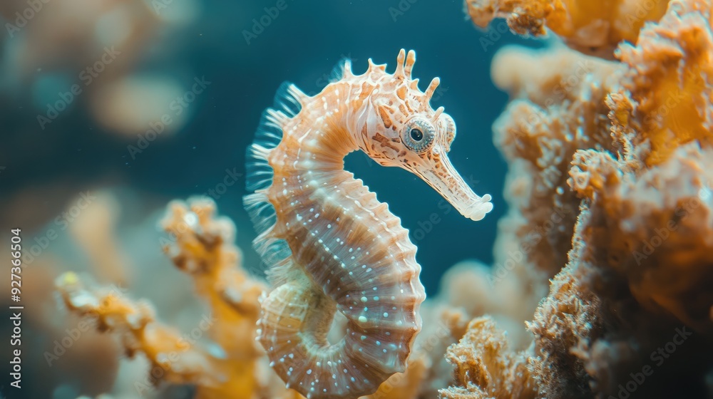 A close-up of a seahorse clinging to a piece of coral, its delicate features beautifully captured in the clear water. A close-up of a seahorse clinging to a piece of coral, its delicate features beautifully captured in the clear water.