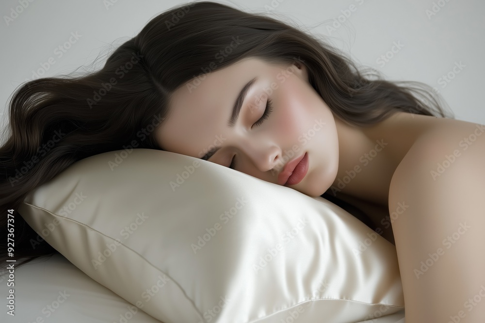 Elegant close-up of a woman sleeping peacefully on a soft pillow in a serene indoor setting Elegant close-up of a woman sleeping peacefully on a soft pillow in a serene indoor setting