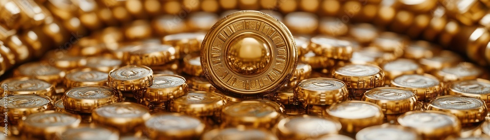Close-up of a shiny gold coin surrounded by other similar coins and jewelry, symbolizing wealth and treasure. Close-up of a shiny gold coin surrounded by other similar coins and jewelry, symbolizing wealth and treasure.