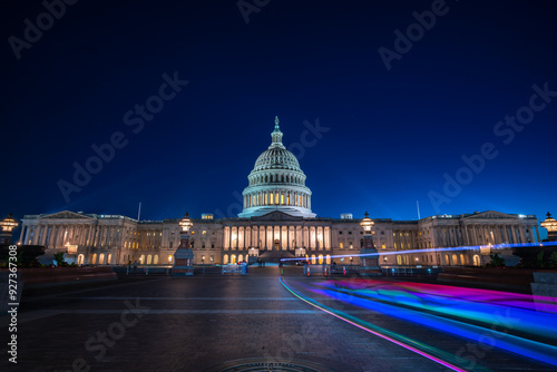 Wide angle View of the US Capitol At night with light trails