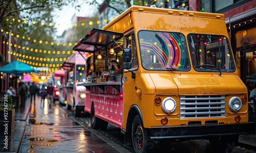 A food truck at a city festival is highlighted with selective focus, capturing the essence of urban culinary events.