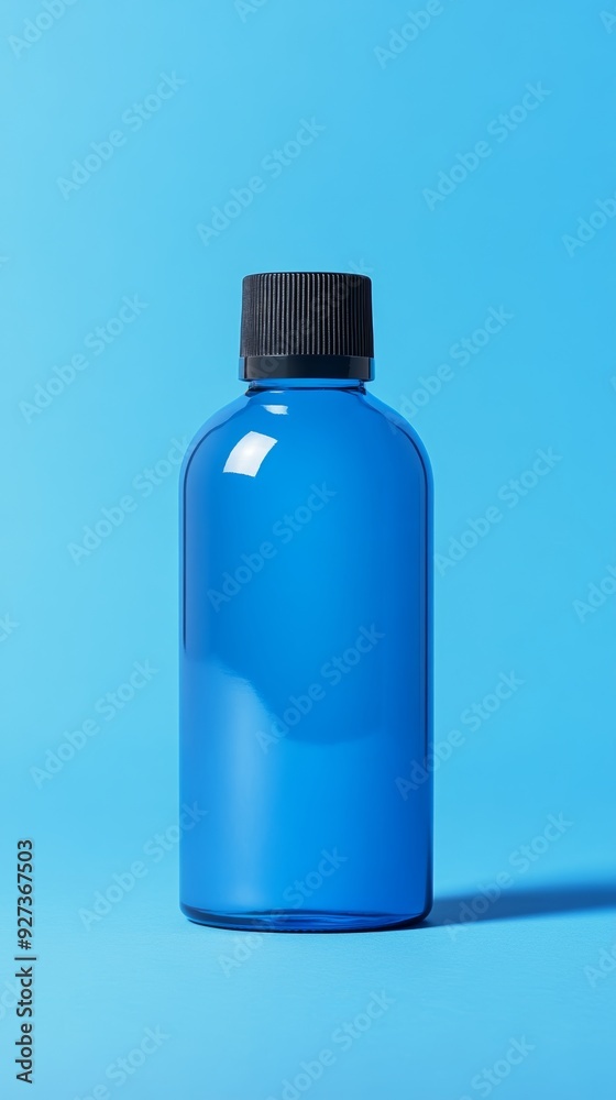 A blue bottle with a black cap sits on a blue background A blue bottle with a black cap sits on a blue background