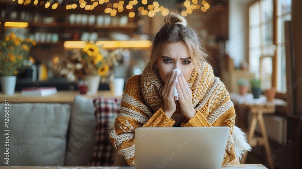 Woman Sneezing While Using Laptop at Home in Cozy Autumn Interior with Warm Lighting and Seasonal Decorations Woman Sneezing While Using Laptop at Home in Cozy Autumn Interior with Warm Lighting and Seasonal Decorations