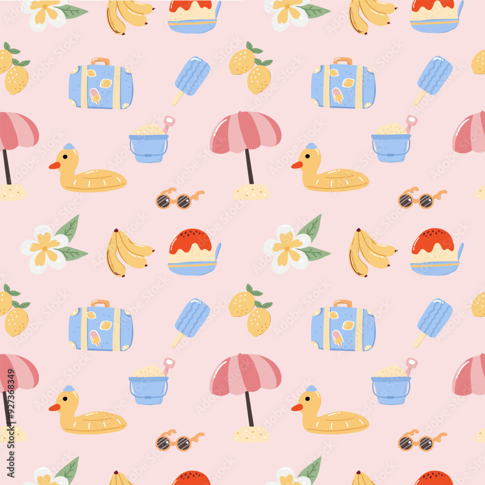 Fototapeta premium summer beach holiday seamless pattern on pink background