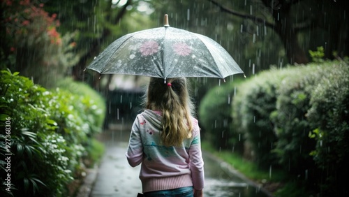 Girl walking backward in the rain with an umbrella on a garden path. Generative AI