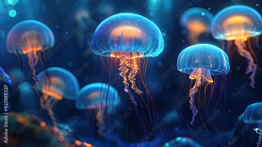 Naklejka premium A group of cartoon jellyfish with glowing tentacles, floating gracefully in a whimsical underwater scene.