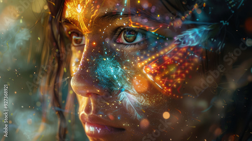 Wallpaper Mural A close-up of a woman's face adorned with colorful artistic patterns, blending natural beauty and vibrant creativity. symbolizing the integration of technology with human senses Torontodigital.ca