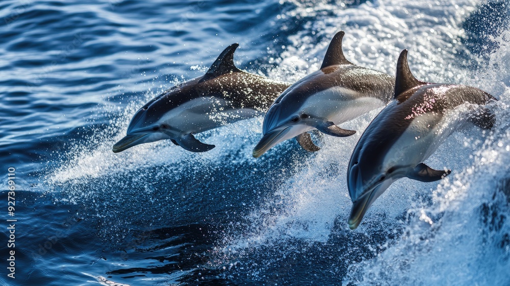 Obraz premium A group of playful dolphins swimming alongside a boat, creating splashes and waves in the ocean.