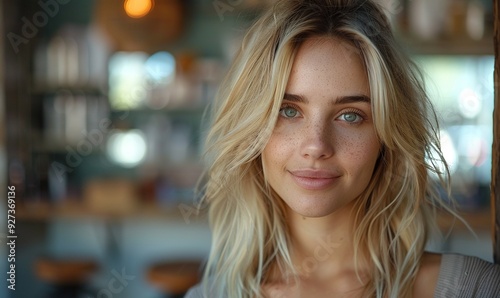 A beautiful blonde model receives a new haircut at a hairdresser's salon, engaging in conversation with the hairstylist while seated in a salon chair.