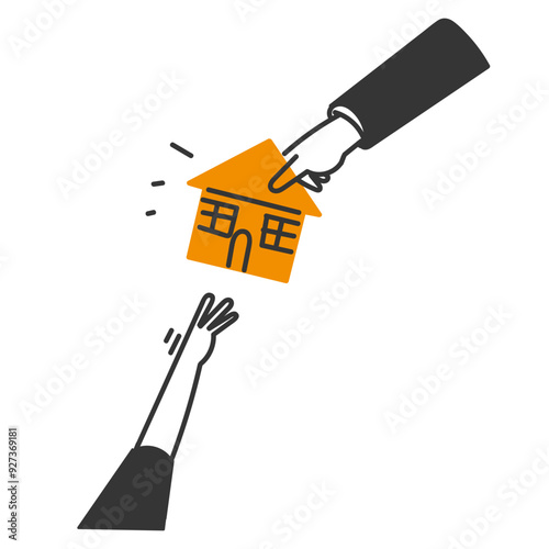 doodle hands trying to reach for the mini house taken or given by the bank or businessman