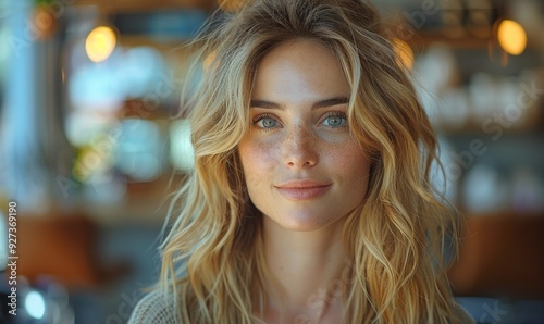 A beautiful blonde model receives a new haircut at a hairdresser's salon, engaging in conversation with the hairstylist while seated in a salon chair.