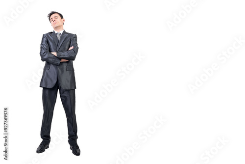 Arrogant man in elegant suit. White background.