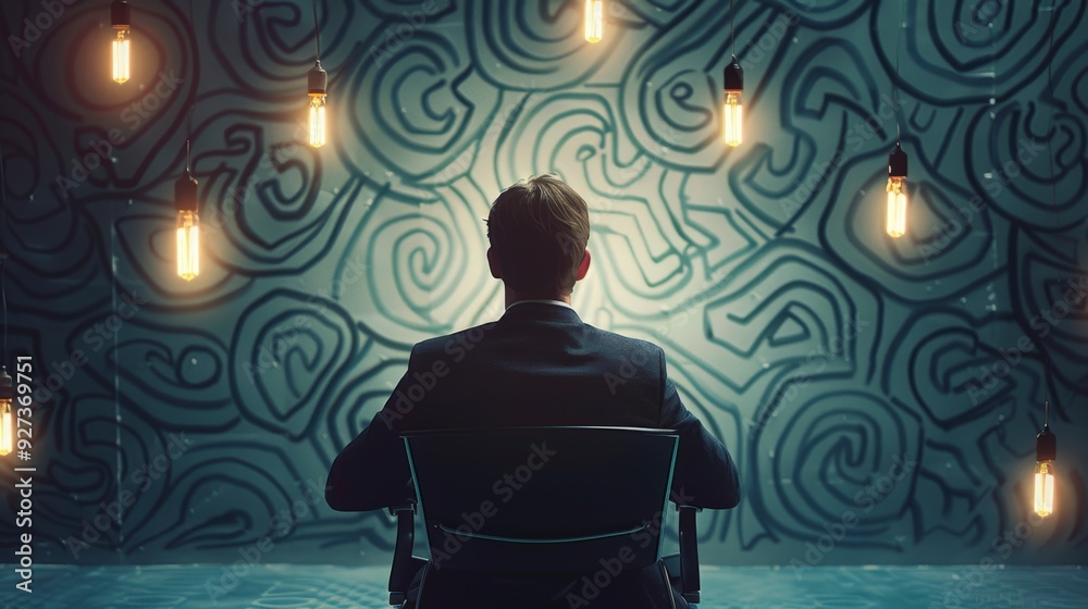 A man in a suit sits facing a wall with swirling lines and light bulbs hanging from the ceiling. A man in a suit sits facing a wall with swirling lines and light bulbs hanging from the ceiling.