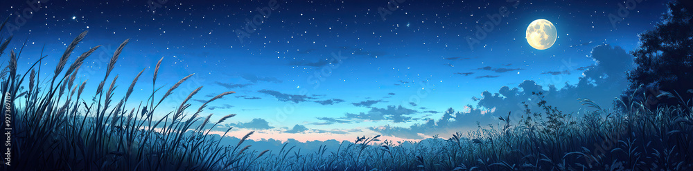 Naklejka premium Moonlight shining on tall grass