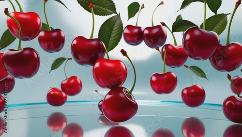 Falling fresh raw red Cherry with slice, green leaves and water drops in the air isolated on background, popular season dessert fruit.